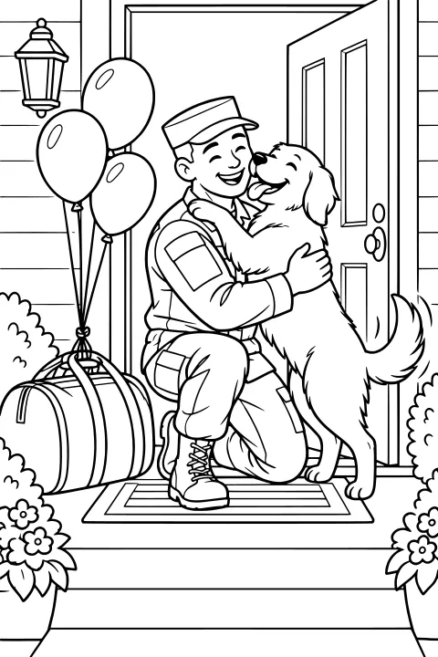 A kneeling service member hugs a large dog in an open doorway, with balloons, a striped travel bag, flowers, a porch light, and steps nearby.
