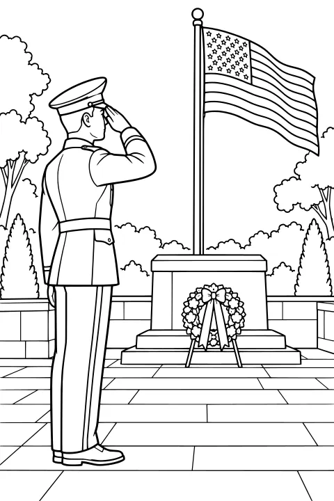 Service member saluting a flag beside a stepped memorial with a floral wreath, surrounded by trees, shrubs, a low wall, and paved ground.