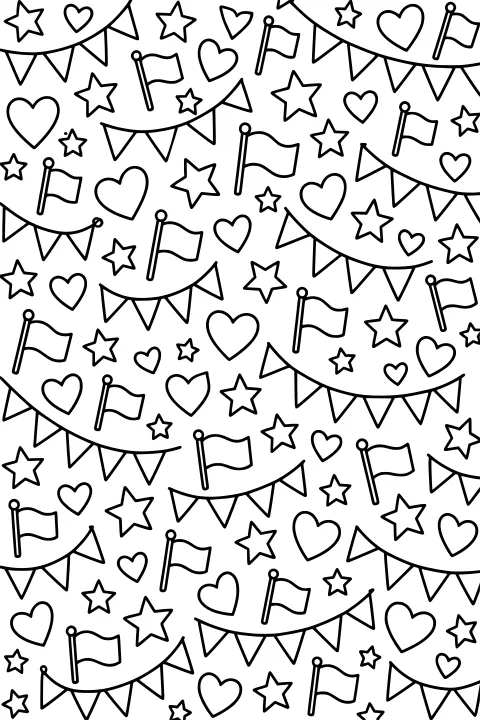 Repeating line-art pattern of stars, hearts, waving flags, and curved strings of triangular pennants.