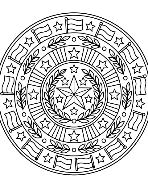 Circular line-art mandala with a central star, surrounding stars, striped flags, leafy branches, dots, and radiating bands.