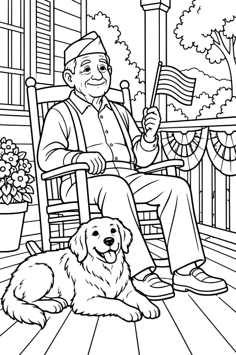 Veteran seated in a porch rocking chair holding a small striped flag, with a fluffy dog nearby, flowers, bunting, railings, and trees.