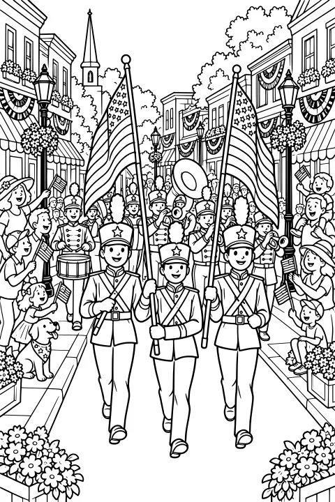 Veterans Day parade on Main Street with large flags, a marching band, decorated storefronts, flowers, lampposts, trees, and a church spire.