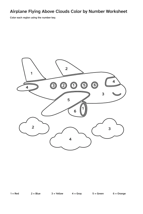 Printable airplane flying above clouds color-by-number worksheet with numbered regions and a color key