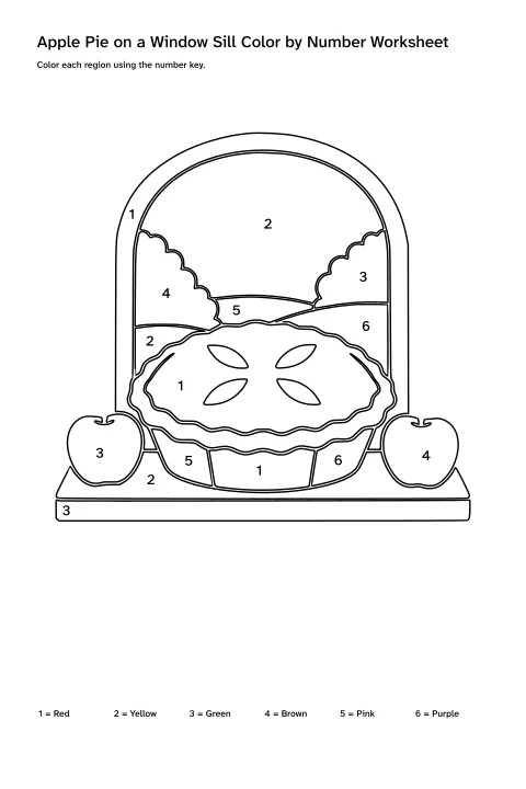 Printable apple pie on a window sill color-by-number worksheet with numbered regions and a color key