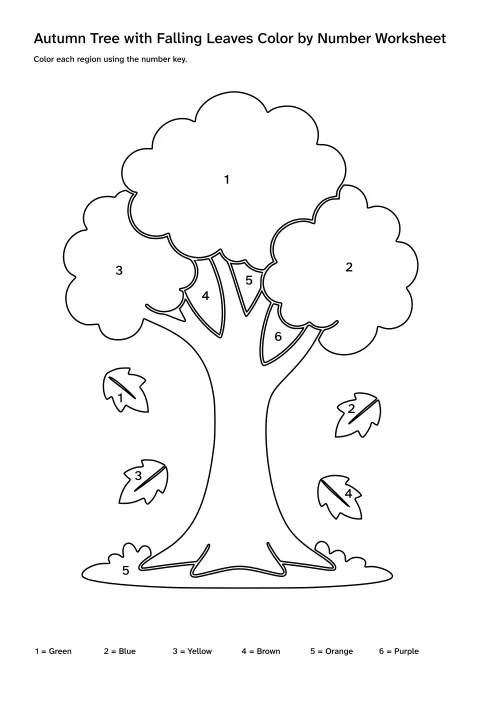 Printable autumn tree with falling leaves color-by-number worksheet with numbered regions and a color key