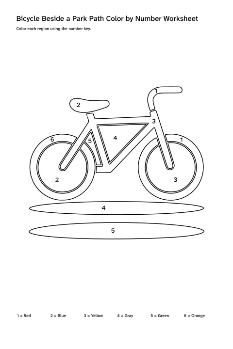 Printable bicycle beside a park path color-by-number worksheet with numbered regions and a color key