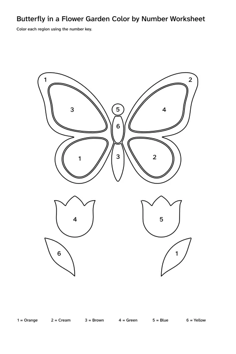 Printable butterfly in a flower garden color-by-number worksheet with numbered regions and a color key