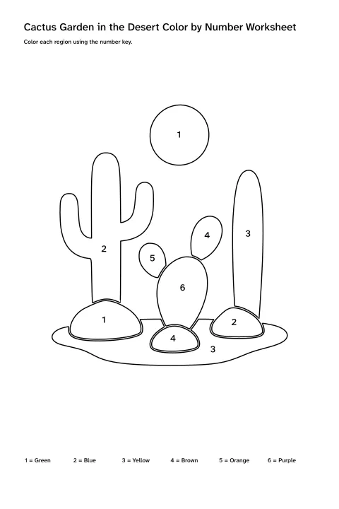 Printable cactus garden in the desert color-by-number worksheet with numbered regions and a color key