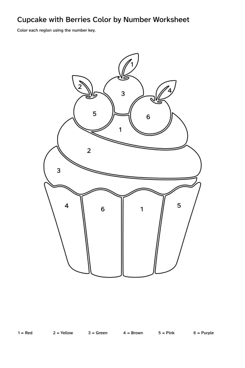 Printable cupcake with berries color-by-number worksheet with numbered regions and a color key