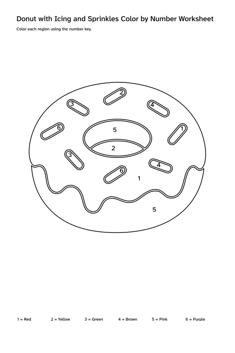Printable donut with icing and sprinkles color-by-number worksheet with numbered regions and a color key