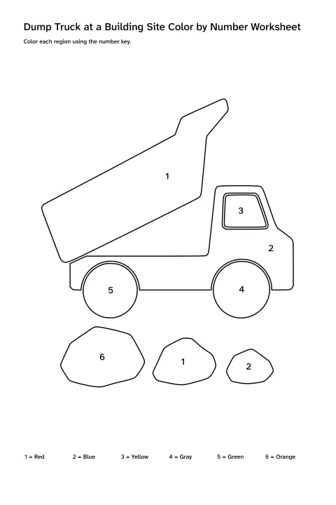 Printable dump truck at a building site color-by-number worksheet with numbered regions and a color key