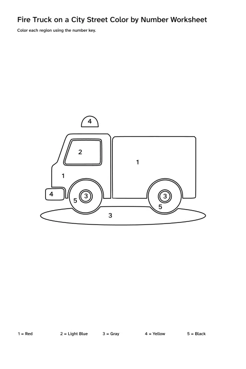 Printable fire truck on a city street color-by-number worksheet with numbered regions and a color key