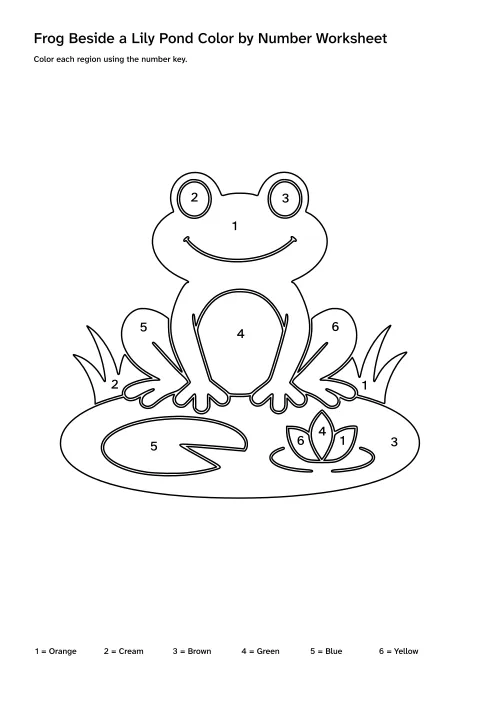 Printable frog beside a lily pond color-by-number worksheet with numbered regions and a color key