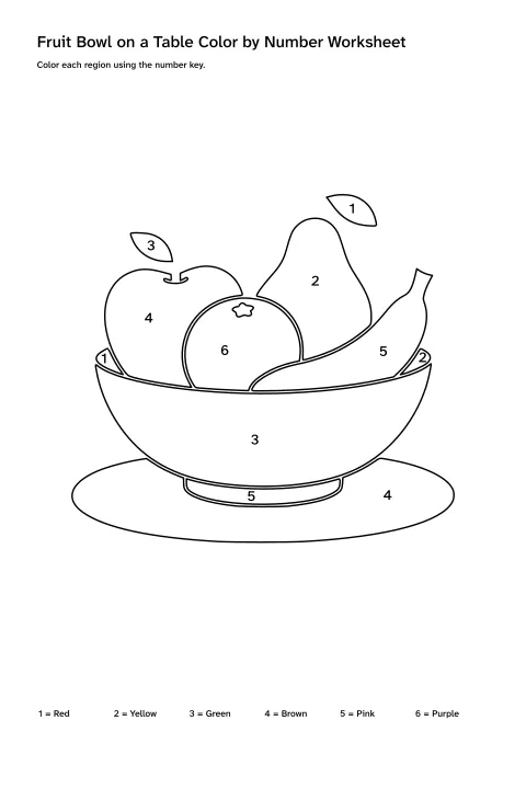Printable fruit bowl on a table color-by-number worksheet with numbered regions and a color key