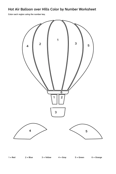 Printable hot air balloon over hills color-by-number worksheet with numbered regions and a color key