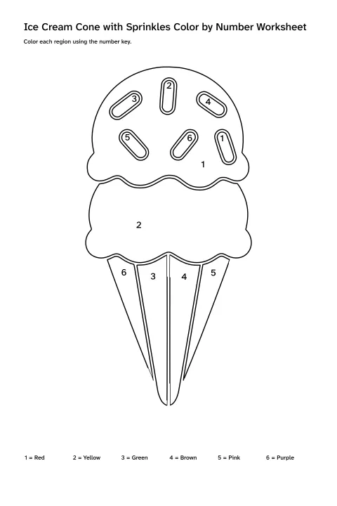 Printable ice cream cone with sprinkles color-by-number worksheet with numbered regions and a color key