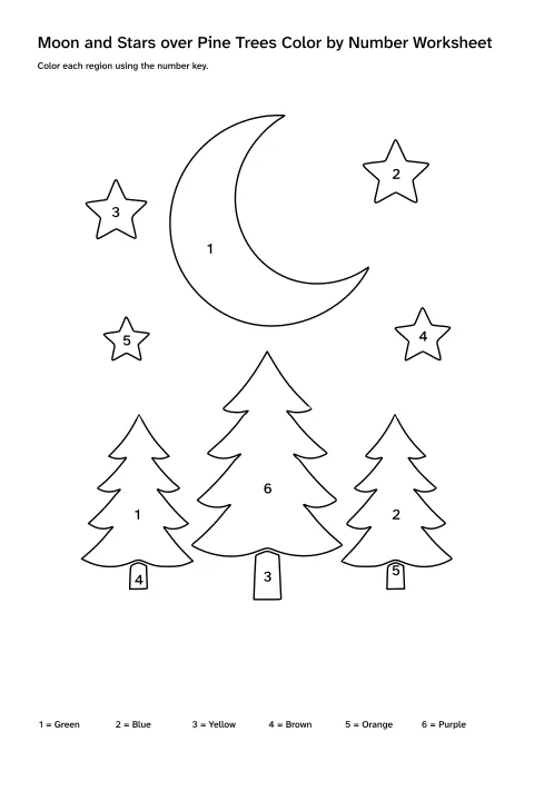 Printable moon and stars over pine trees color-by-number worksheet with numbered regions and a color key