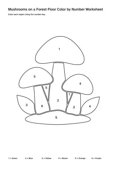 Printable mushrooms on a forest floor color-by-number worksheet with numbered regions and a color key