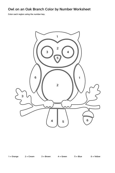 Printable owl on an oak branch color-by-number worksheet with numbered regions and a color key