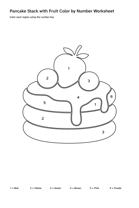 Printable pancake stack with fruit color-by-number worksheet with numbered regions and a color key