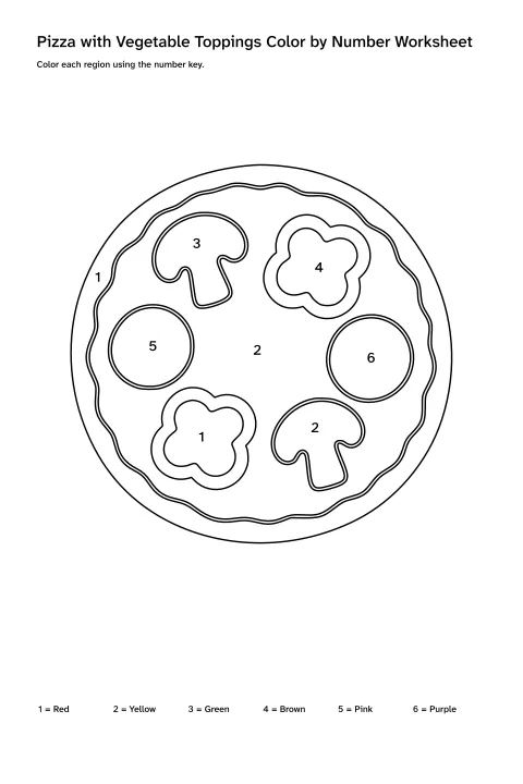 Printable pizza with vegetable toppings color-by-number worksheet with numbered regions and a color key