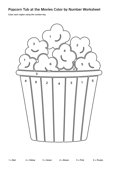 Printable popcorn tub at the movies color-by-number worksheet with numbered regions and a color key