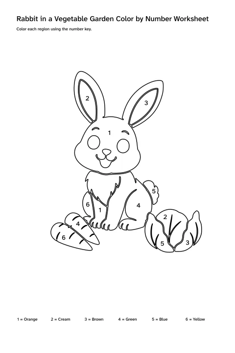 Printable rabbit in a vegetable garden color-by-number worksheet with numbered regions and a color key