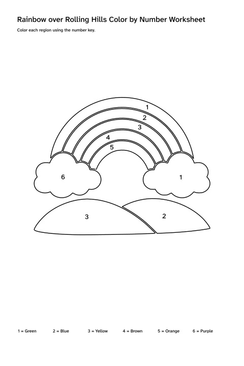 Printable rainbow over rolling hills color-by-number worksheet with numbered regions and a color key