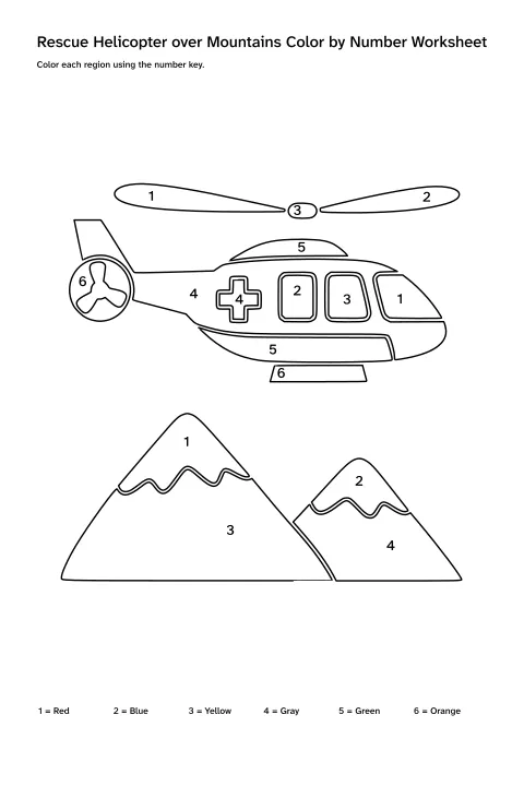 Printable rescue helicopter over mountains color-by-number worksheet with numbered regions and a color key