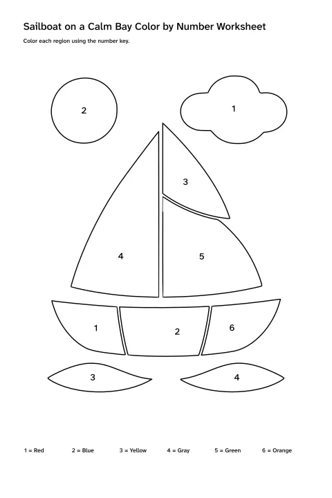 Printable sailboat on a calm bay color-by-number worksheet with numbered regions and a color key
