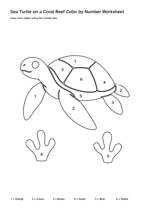 Printable sea turtle on a coral reef color-by-number worksheet with numbered regions and a color key