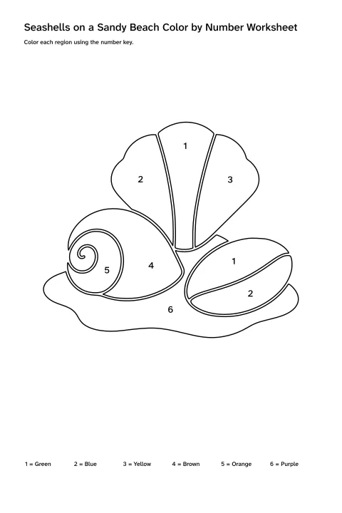 Printable seashells on a sandy beach color-by-number worksheet with numbered regions and a color key