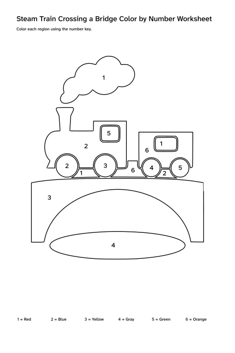 Printable steam train crossing a bridge color-by-number worksheet with numbered regions and a color key
