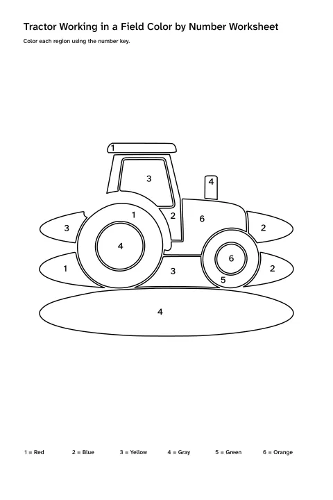 Printable tractor working in a field color-by-number worksheet with numbered regions and a color key