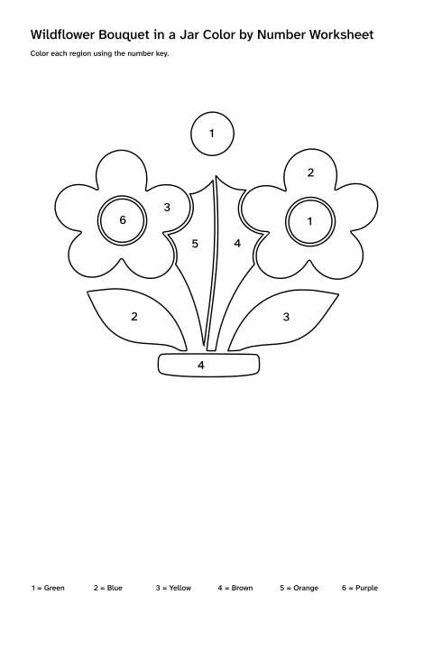 Printable wildflower bouquet in a jar color-by-number worksheet with numbered regions and a color key