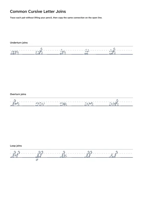 Printable worksheet for practicing common cursive letter joins and connecting strokes