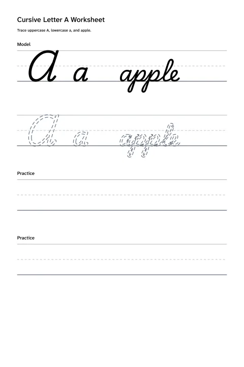 Printable cursive letter A worksheet with uppercase A, lowercase a, and apple practice
