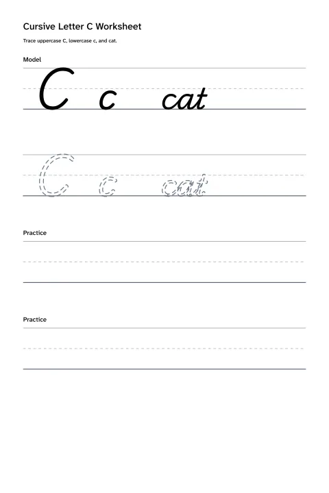 Printable cursive letter C worksheet with uppercase C, lowercase c, and cat practice