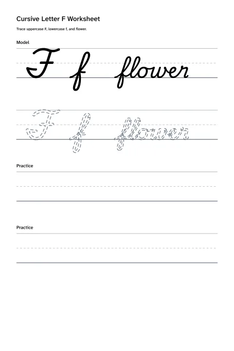 Printable cursive letter F worksheet with uppercase F, lowercase f, and flower practice