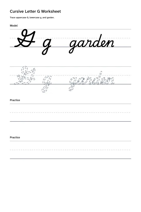 Printable cursive letter G worksheet with uppercase G, lowercase g, and garden practice