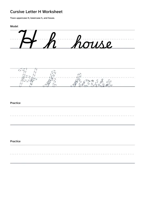 Printable cursive letter H worksheet with uppercase H, lowercase h, and house practice