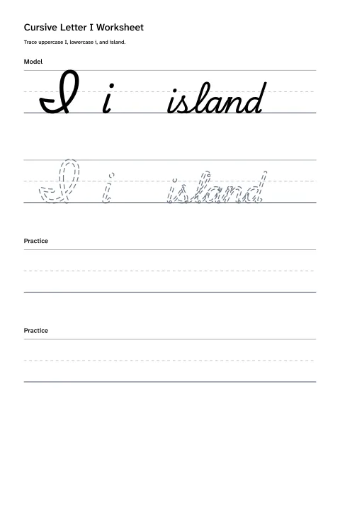 Printable cursive letter I worksheet with uppercase I, lowercase i, and island practice