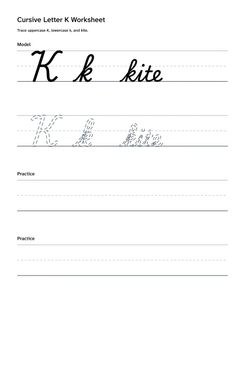 Printable cursive letter K worksheet with uppercase K, lowercase k, and kite practice