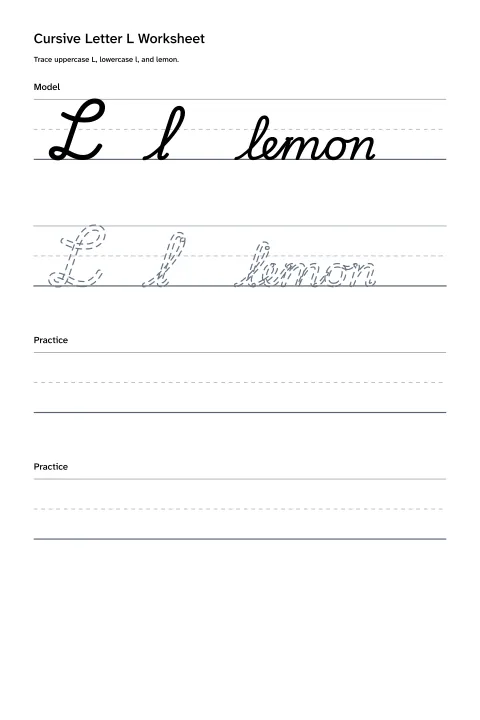 Printable cursive letter L worksheet with uppercase L, lowercase l, and lemon practice