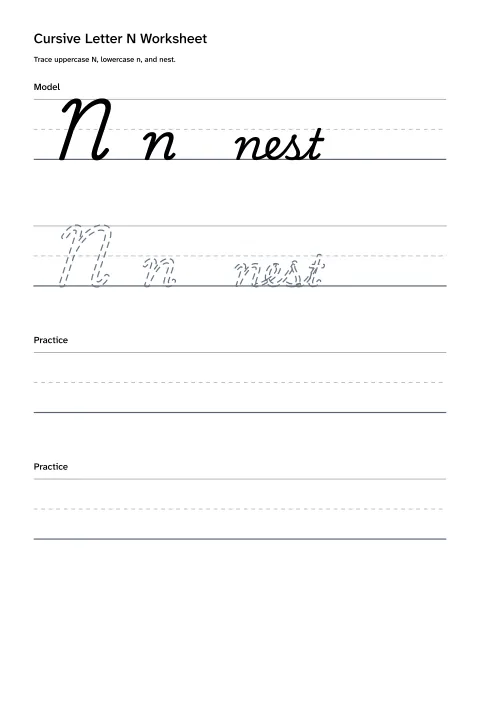 Printable cursive letter N worksheet with uppercase N, lowercase n, and nest practice