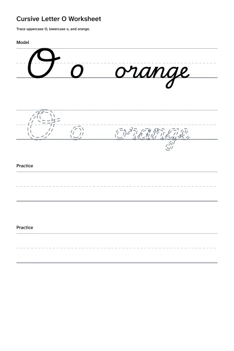 Printable cursive letter O worksheet with uppercase O, lowercase o, and orange practice