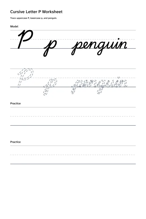 Printable cursive letter P worksheet with uppercase P, lowercase p, and penguin practice