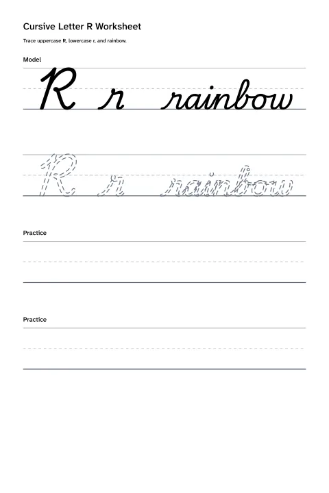 Printable cursive letter R worksheet with uppercase R, lowercase r, and rainbow practice