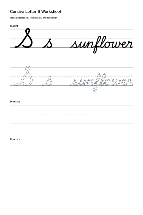 Printable cursive letter S worksheet with uppercase S, lowercase s, and sunflower practice