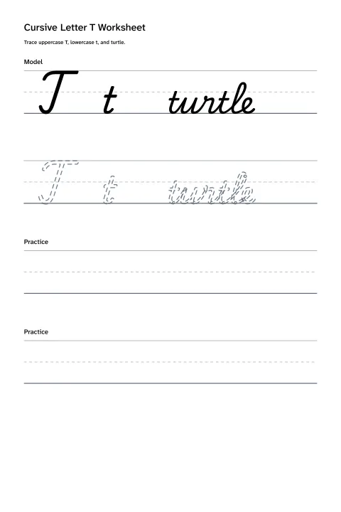 Printable cursive letter T worksheet with uppercase T, lowercase t, and turtle practice